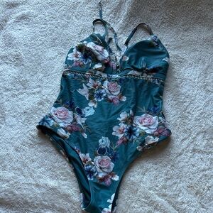 Elegant Floral One-Piece Swimsuit - Blue